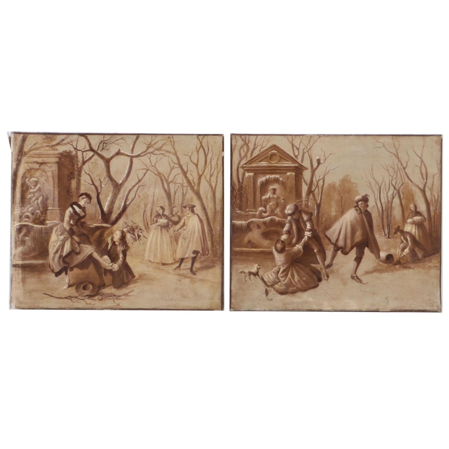 Late 19th Century Continental Oil Paintings of Park Scene with Figures