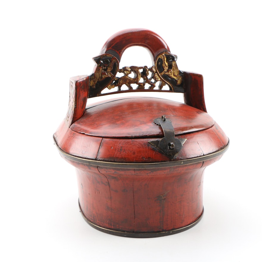 Chinese Red Lacquered and Parcel Gilt Wooden Wedding Basket