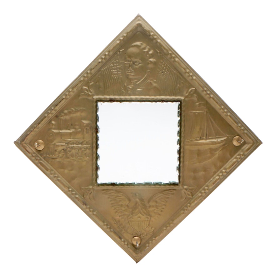 Antique Hammered Brass Americana Wall Mirror, Early 1900s