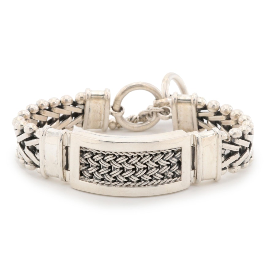 Sterling Silver Bracelet With Basket Weave Accent