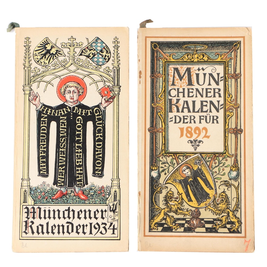 1892 and 1934 Münchener Kalender with Otto Hupp Colored Woodcuts