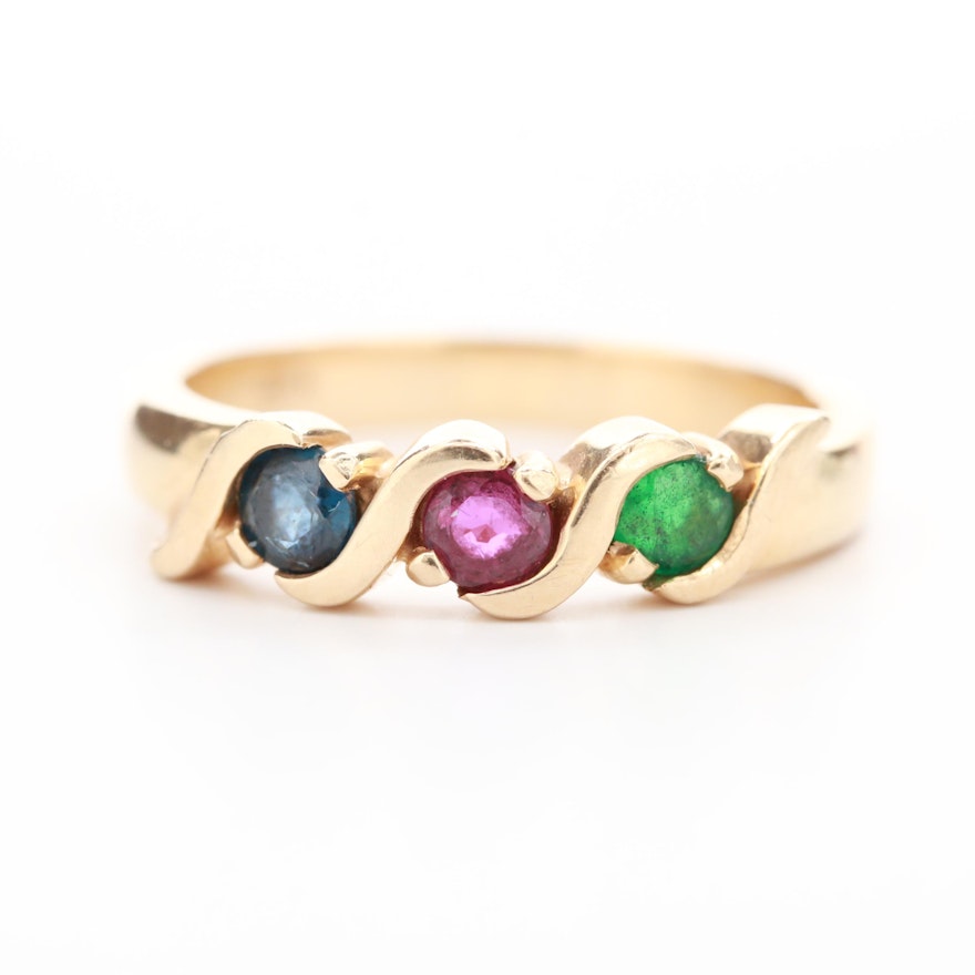 14K Yellow Gold Emerald, Blue Sapphire and Ruby Ring