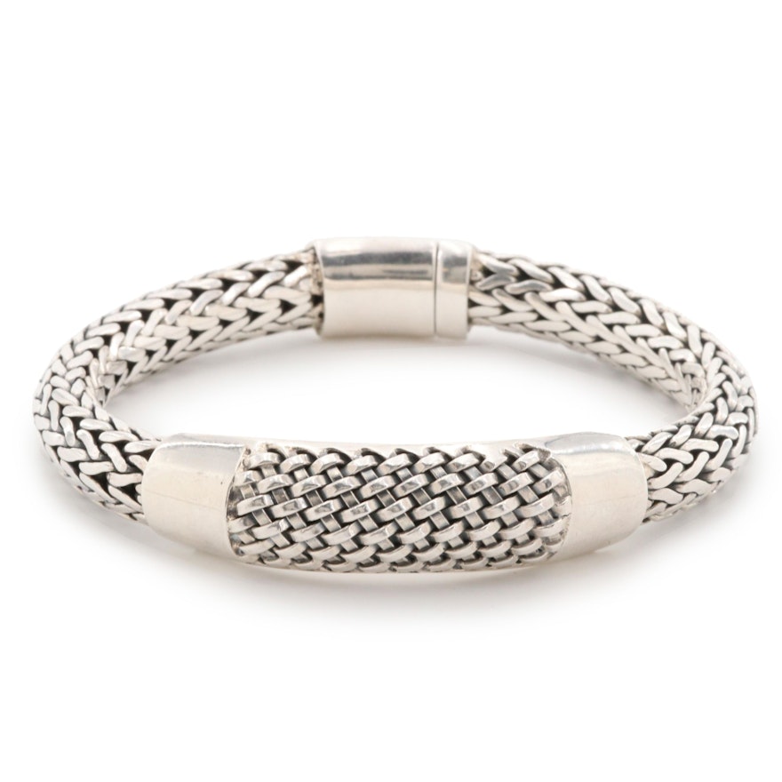 Sterling Silver Bracelet With Basket Weave Accent