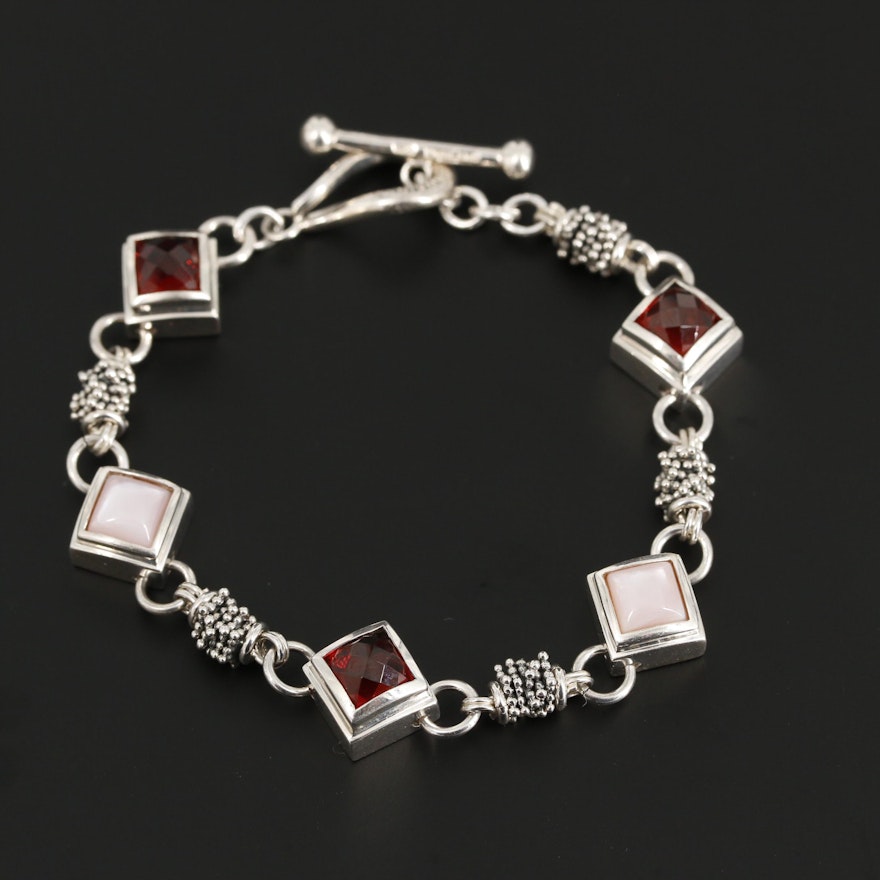 Michael Dawkins Sterling Silver Garnet and Mother of Pearl Bracelet