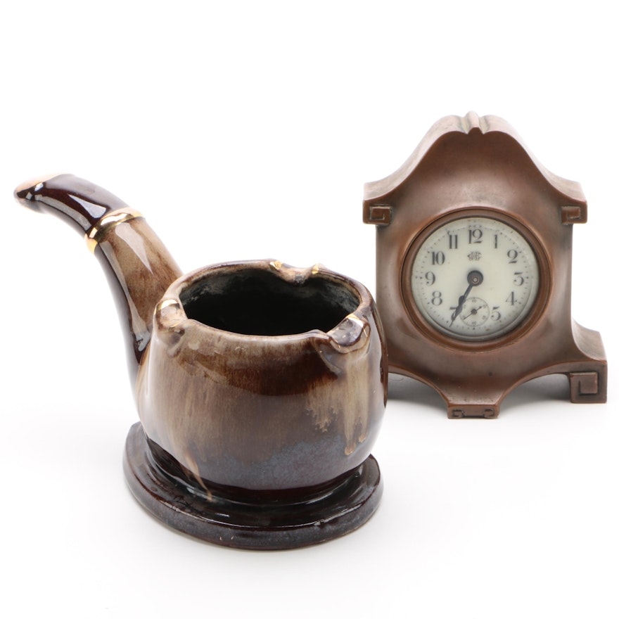 Jennings Brothers Bronze Tone Desk Clock and Ceramic Cigar Shaped Ashtray