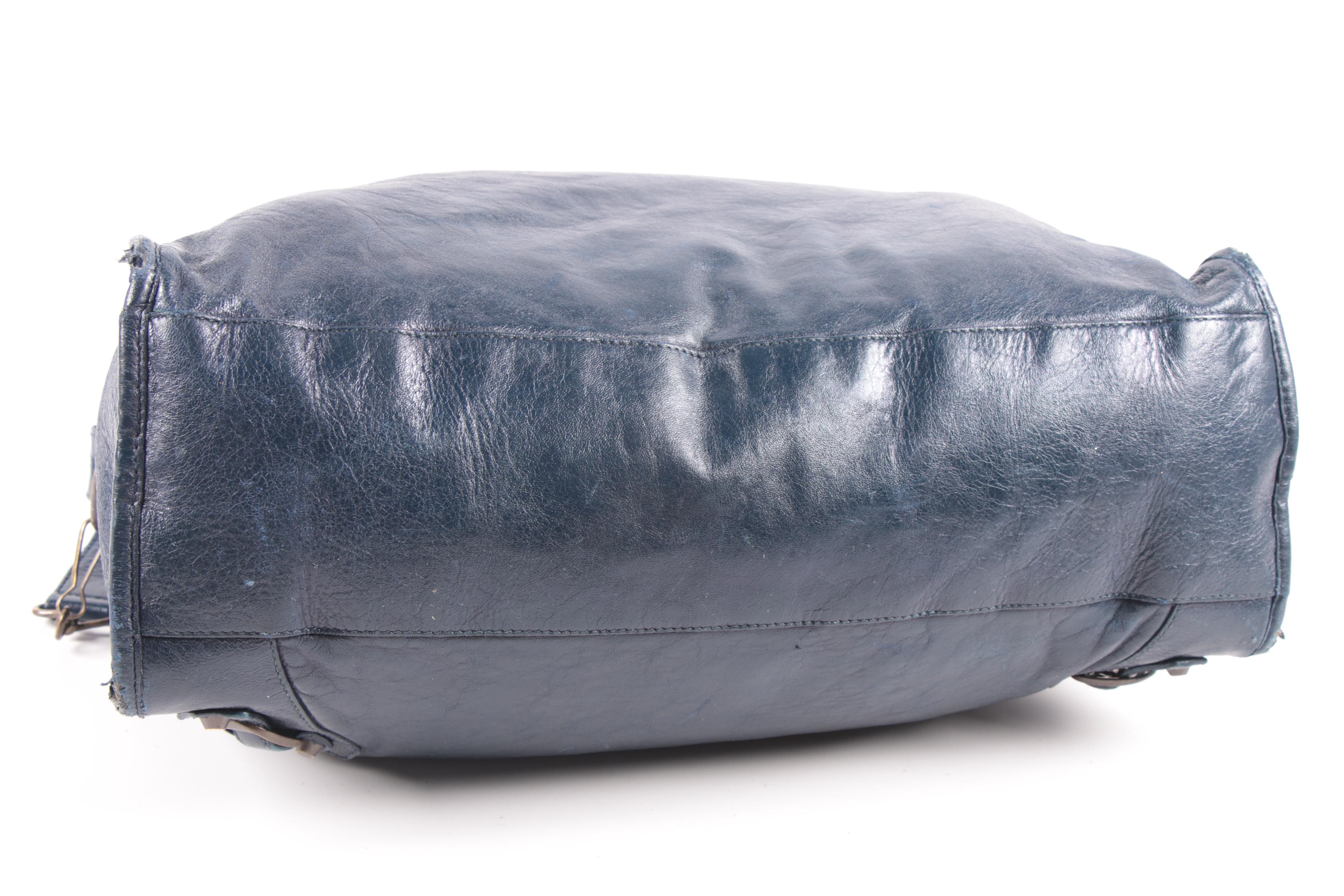 Balenciaga City Bag in Navy Blue Chevre Leather with Sterling Silver Plaque