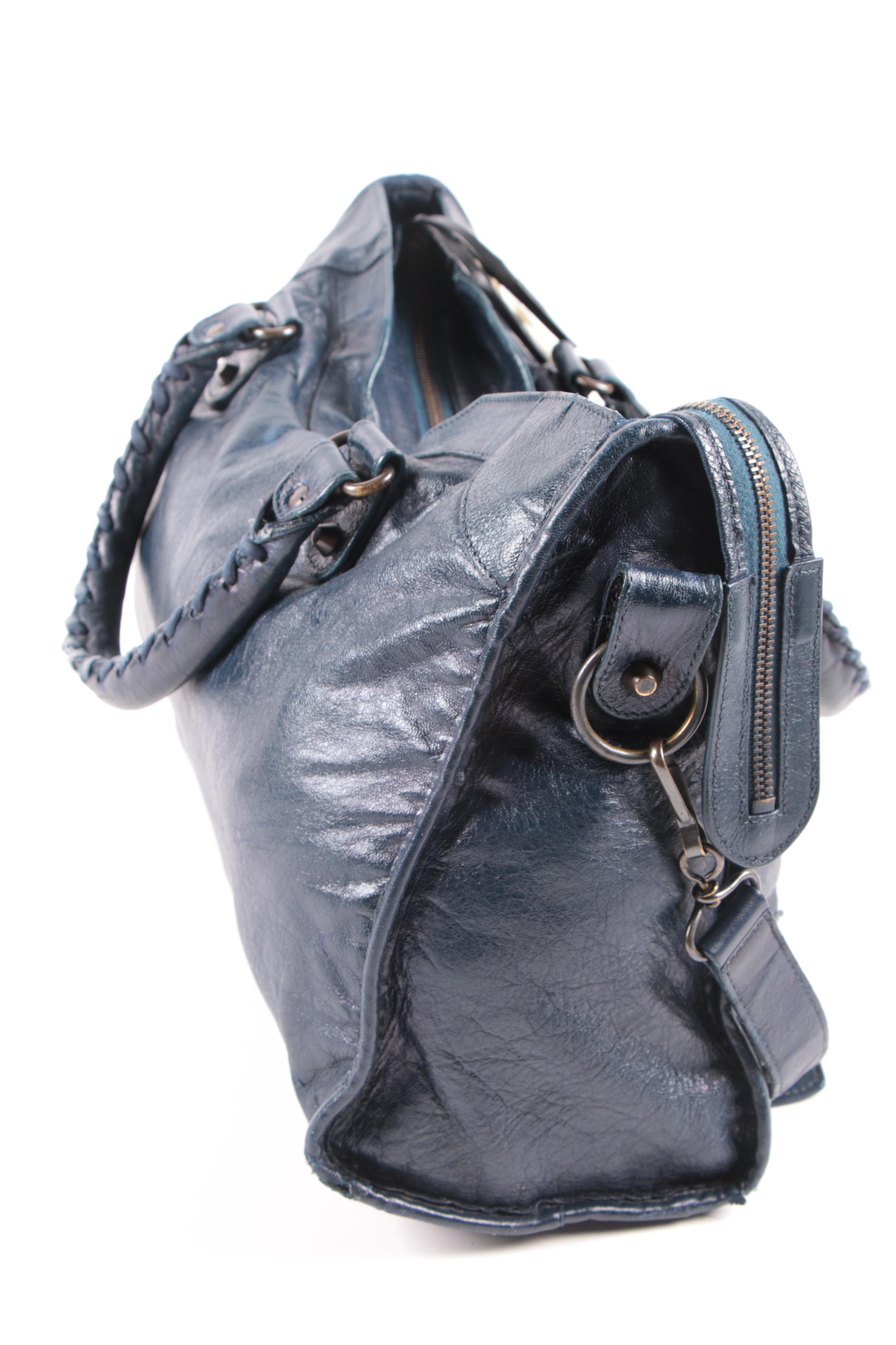 Balenciaga City Bag in Navy Blue Chevre Leather with Sterling Silver Plaque