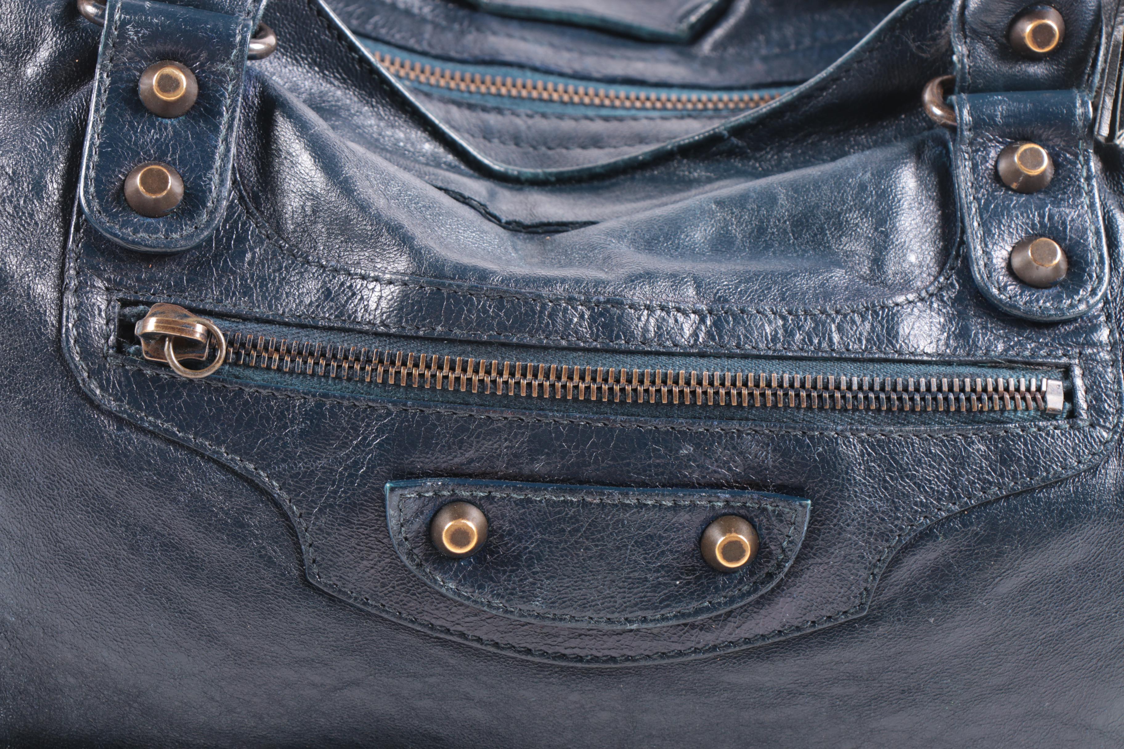 Balenciaga City Bag in Navy Blue Chevre Leather with Sterling Silver Plaque