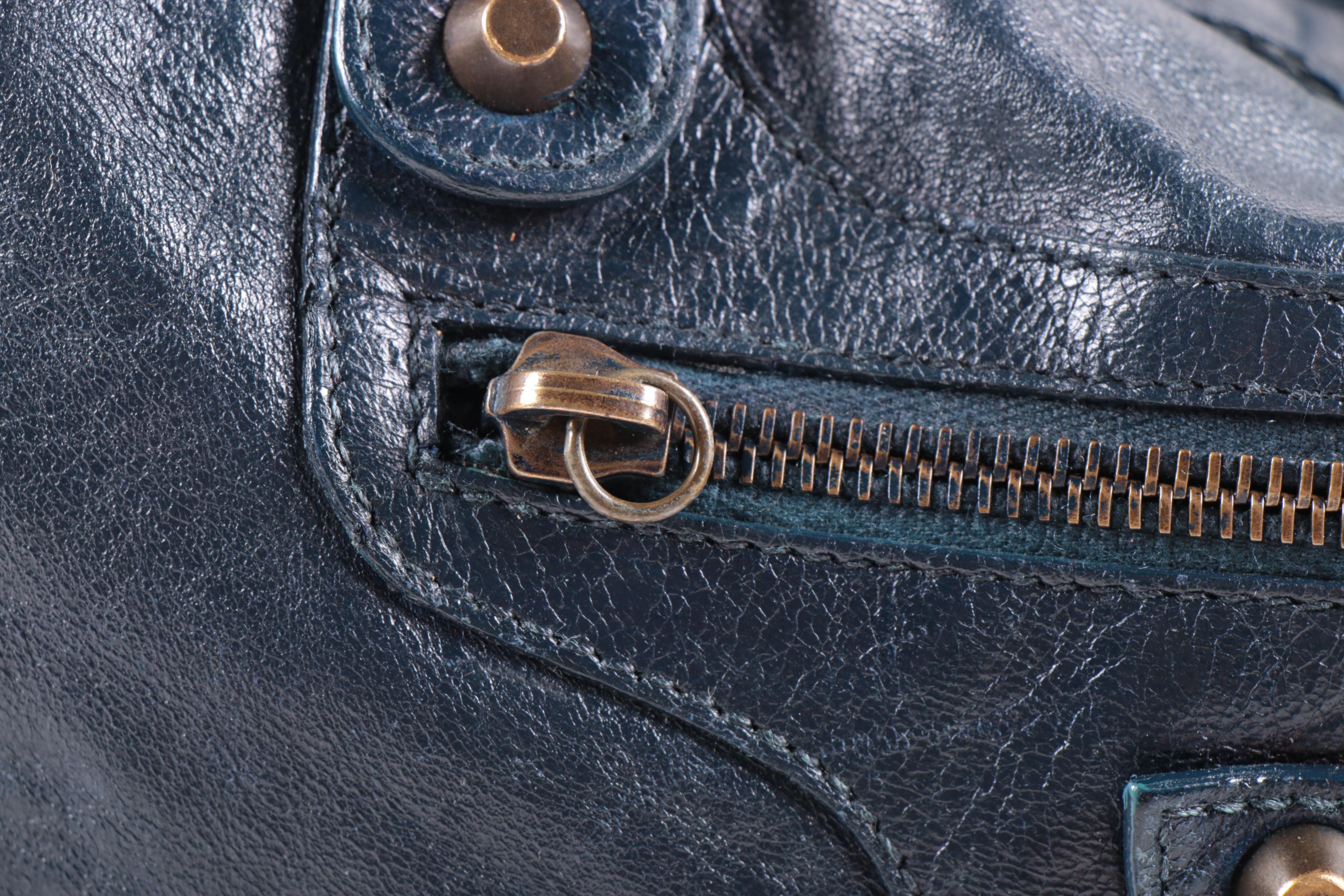 Balenciaga City Bag in Navy Blue Chevre Leather with Sterling Silver Plaque