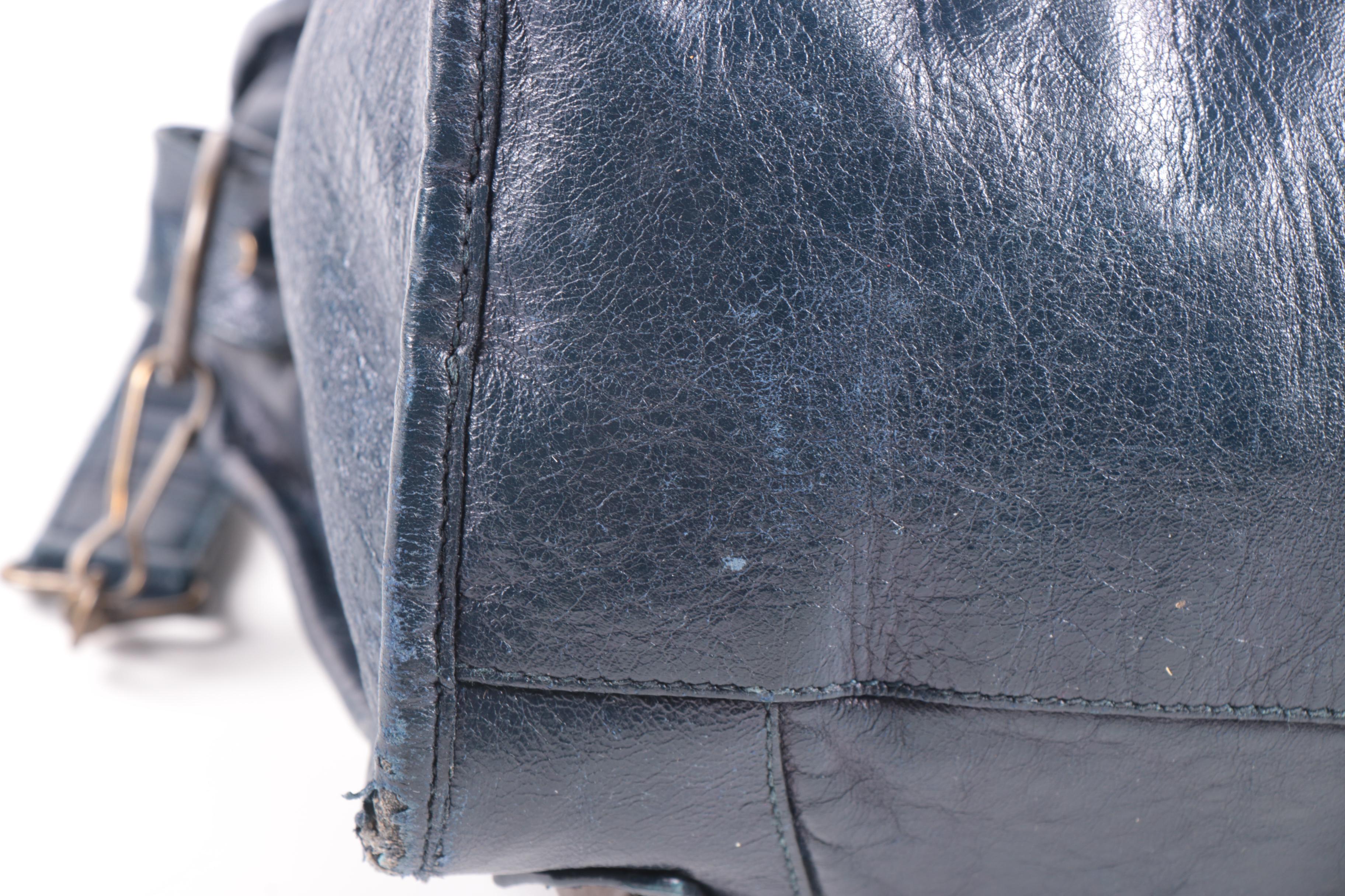 Balenciaga City Bag in Navy Blue Chevre Leather with Sterling Silver Plaque