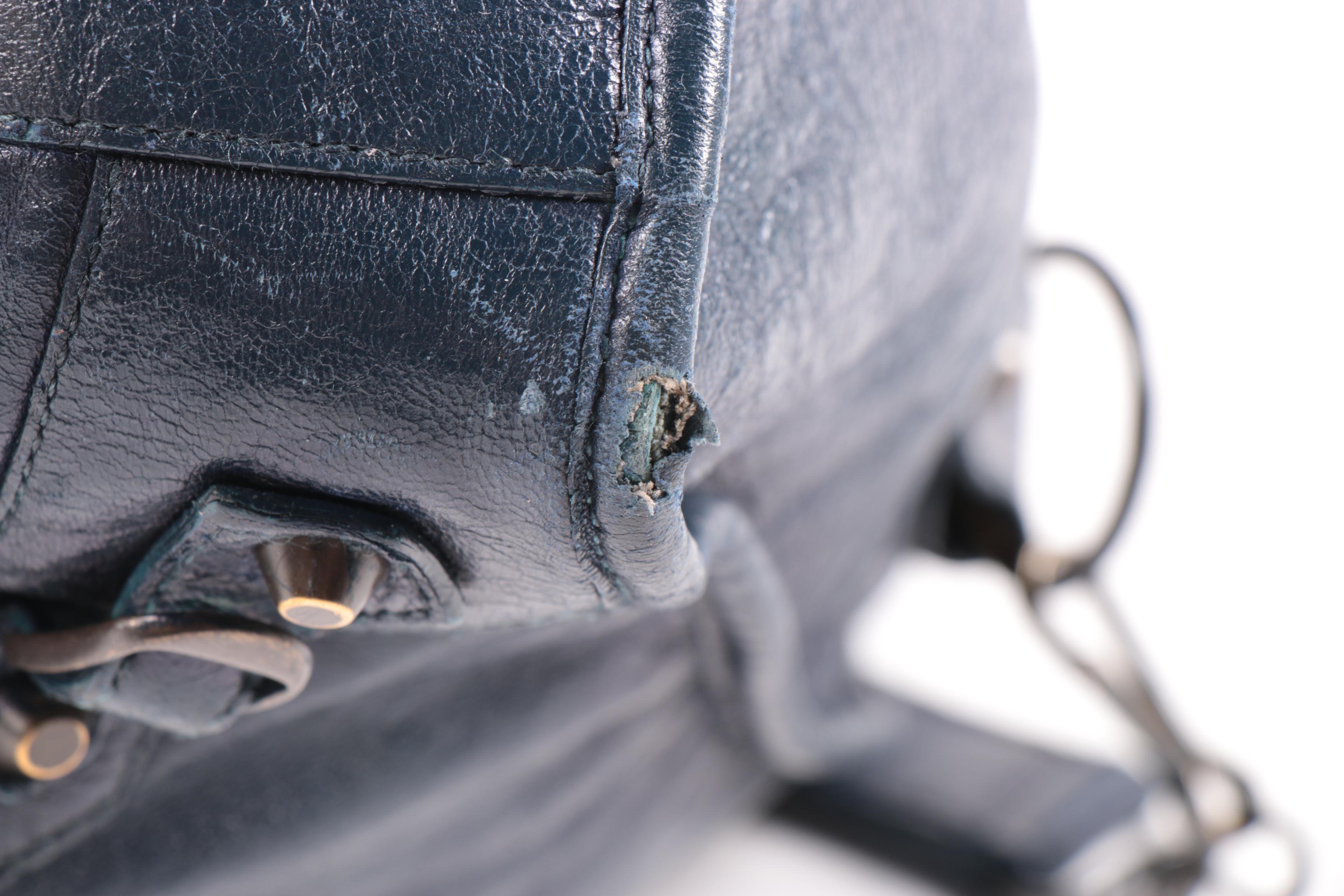 Balenciaga City Bag in Navy Blue Chevre Leather with Sterling Silver Plaque