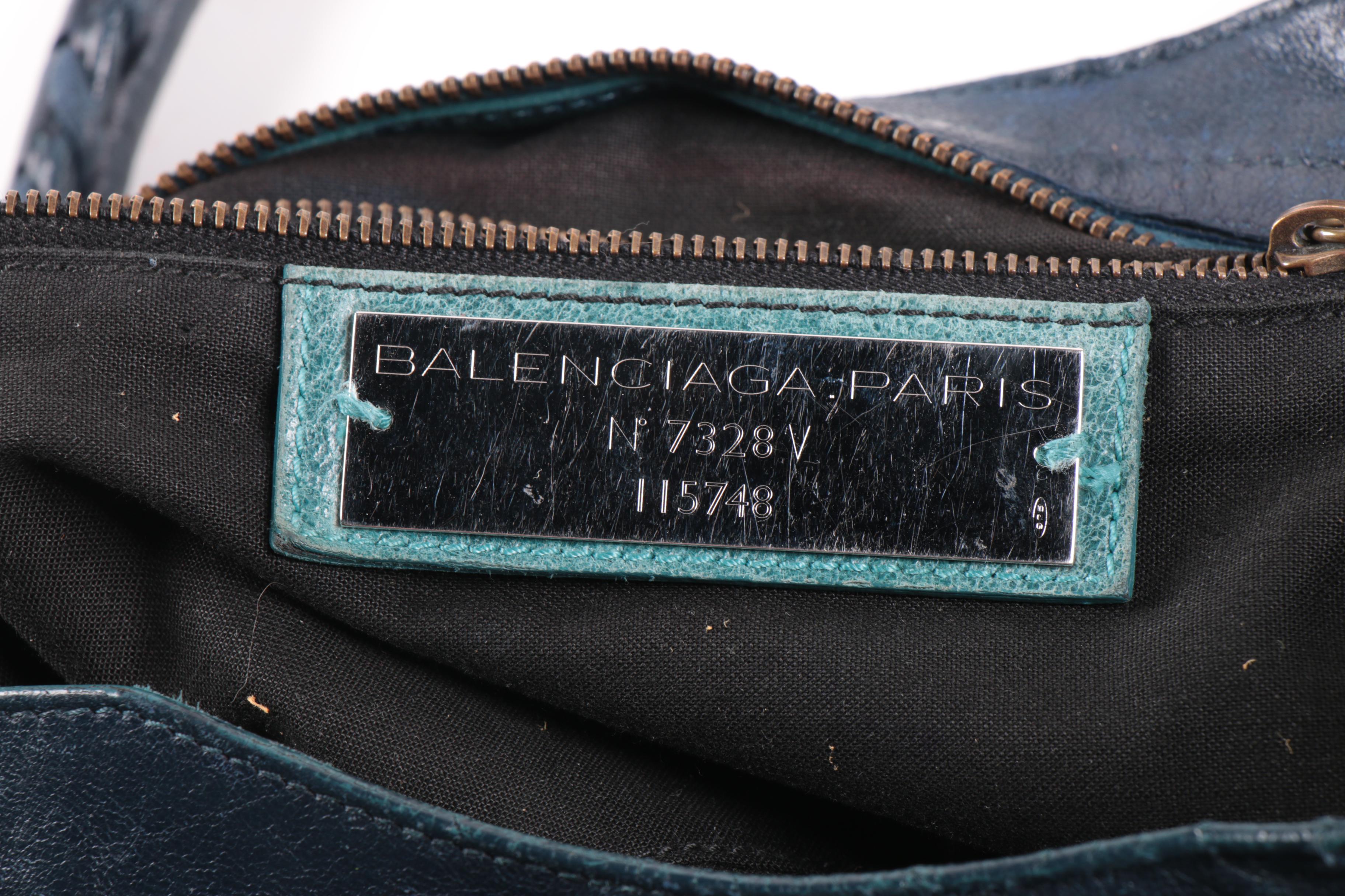 Balenciaga City Bag in Navy Blue Chevre Leather with Sterling Silver Plaque