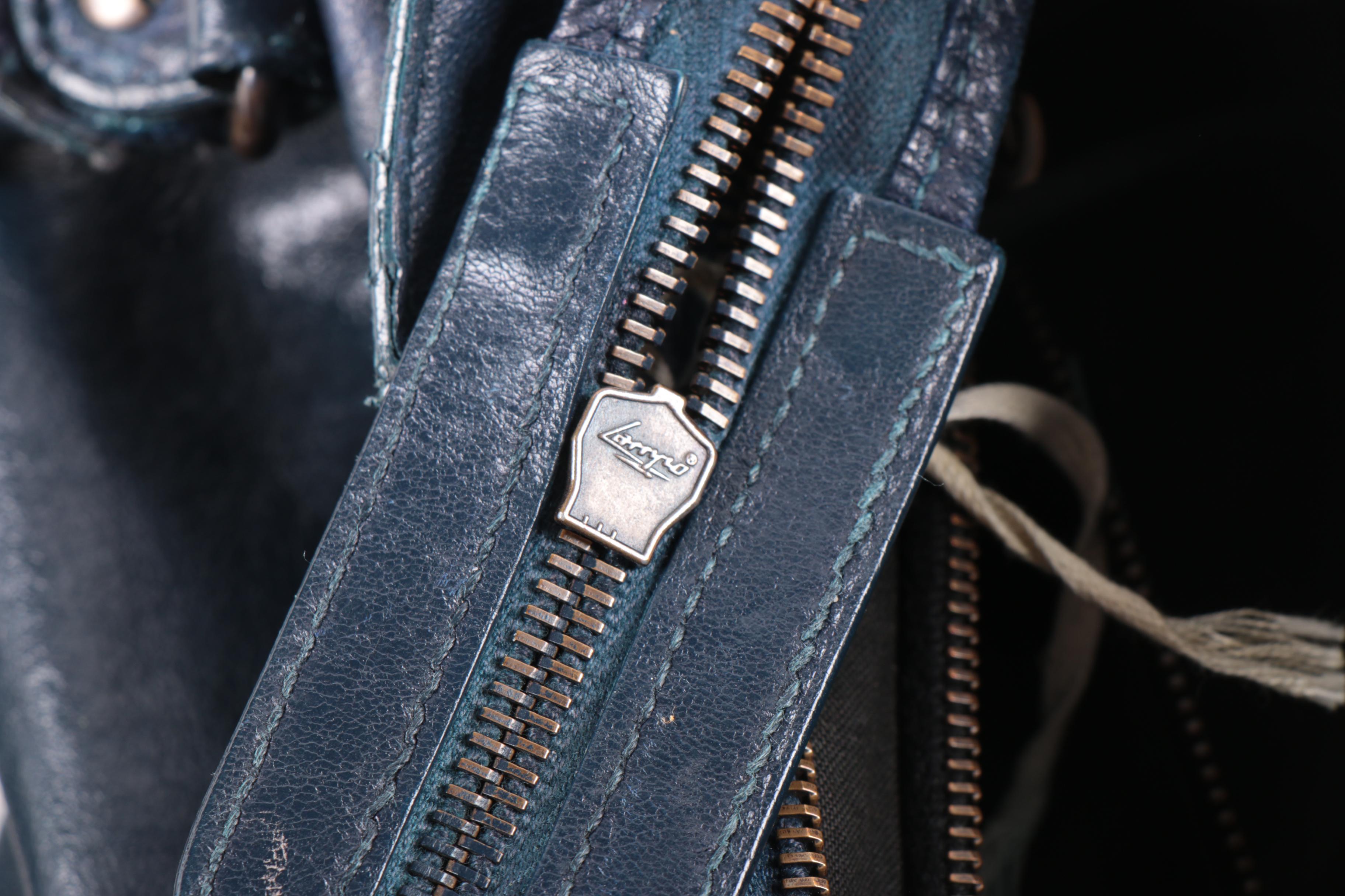 Balenciaga City Bag in Navy Blue Chevre Leather with Sterling Silver Plaque