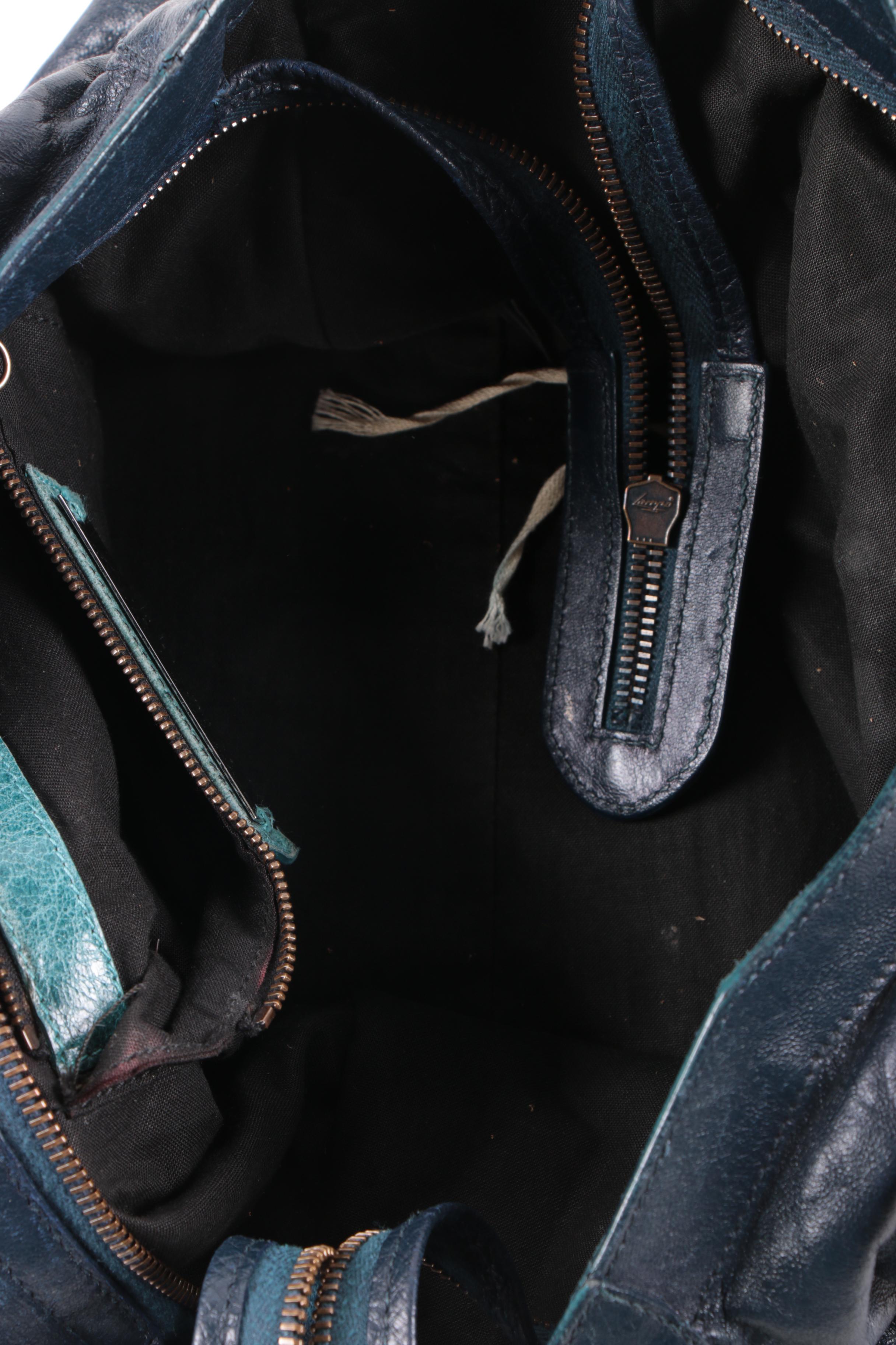 Balenciaga City Bag in Navy Blue Chevre Leather with Sterling Silver Plaque