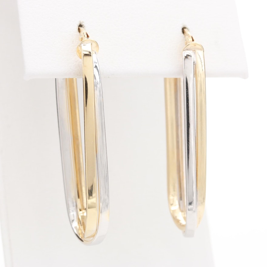 14K Yellow and White Gold Oval Hoop Earrings