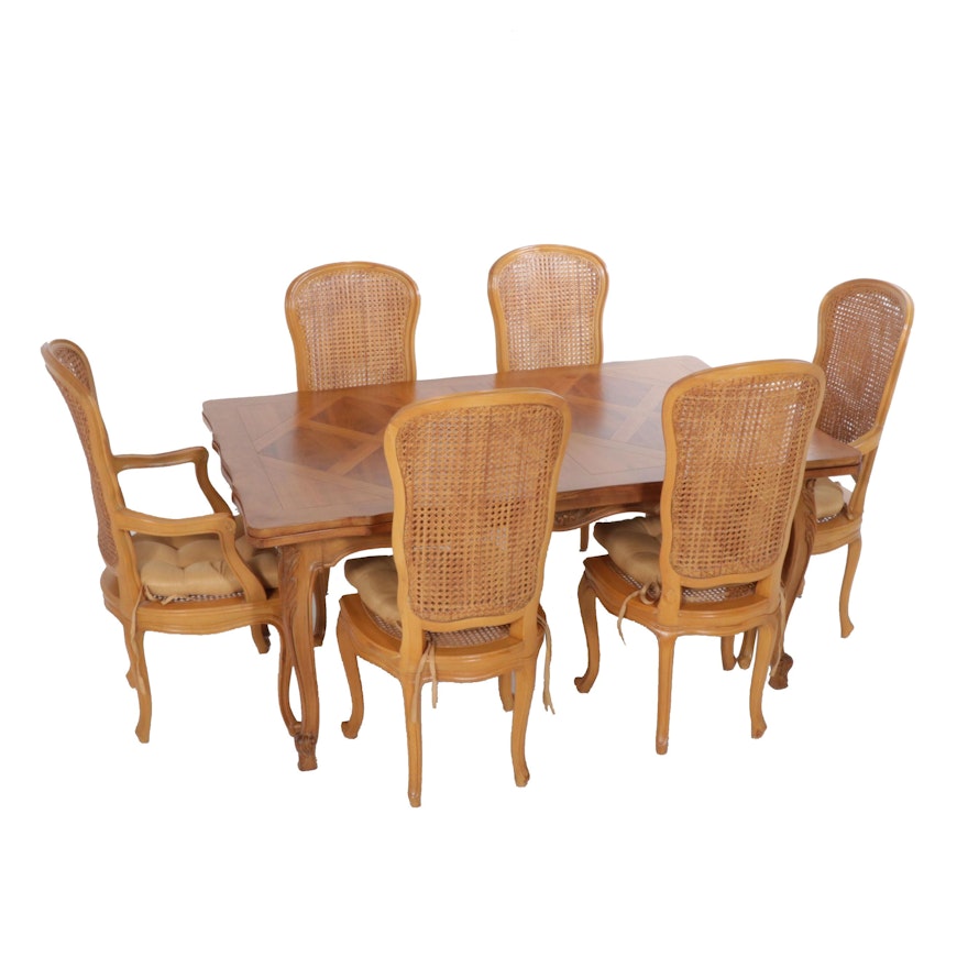 Italian Wooden Dining Table with Six Cane Upholstered Chairs