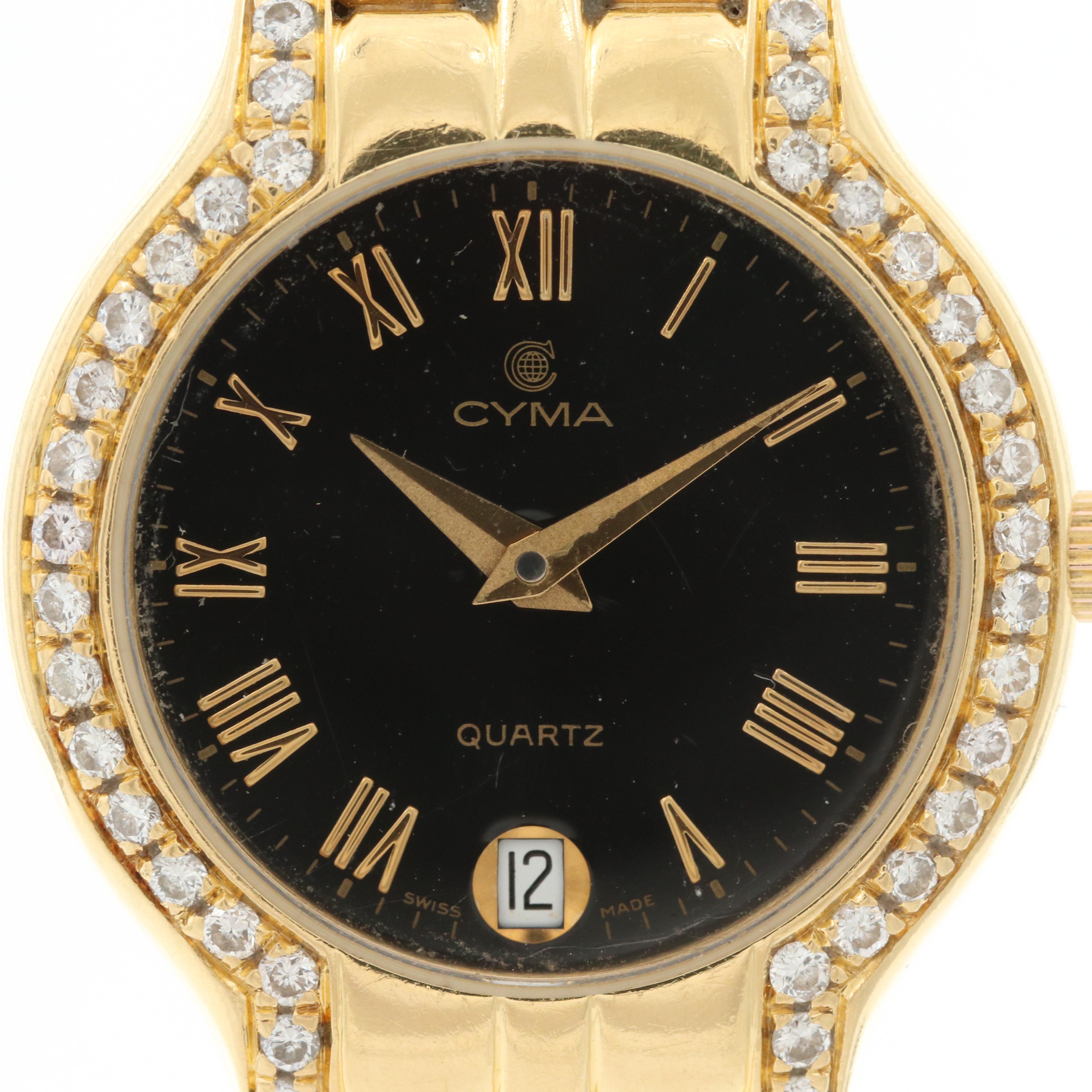 Cyma 18K Gold and Diamond Black Dial Watch With Date