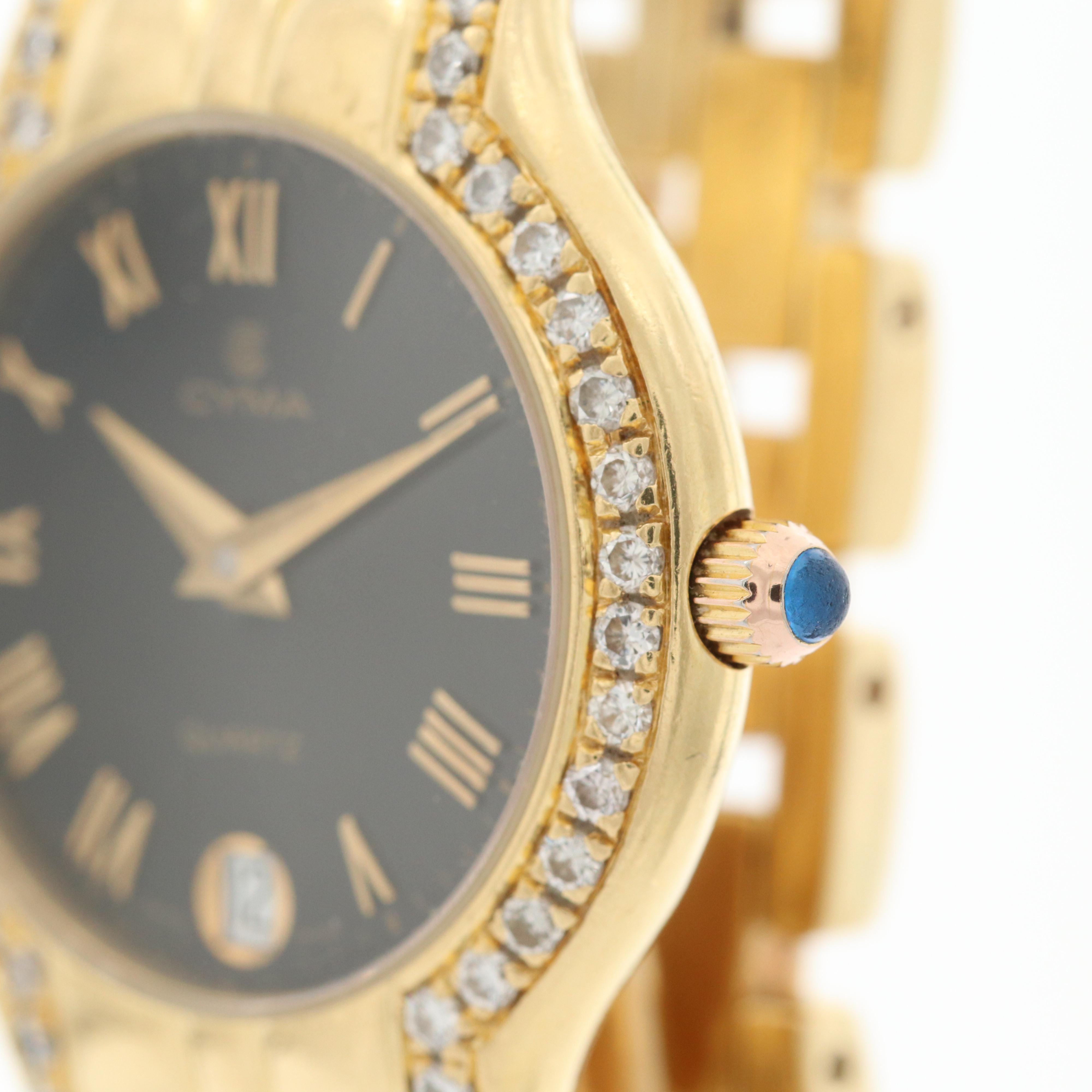 Cyma 18K Gold and Diamond Black Dial Watch With Date