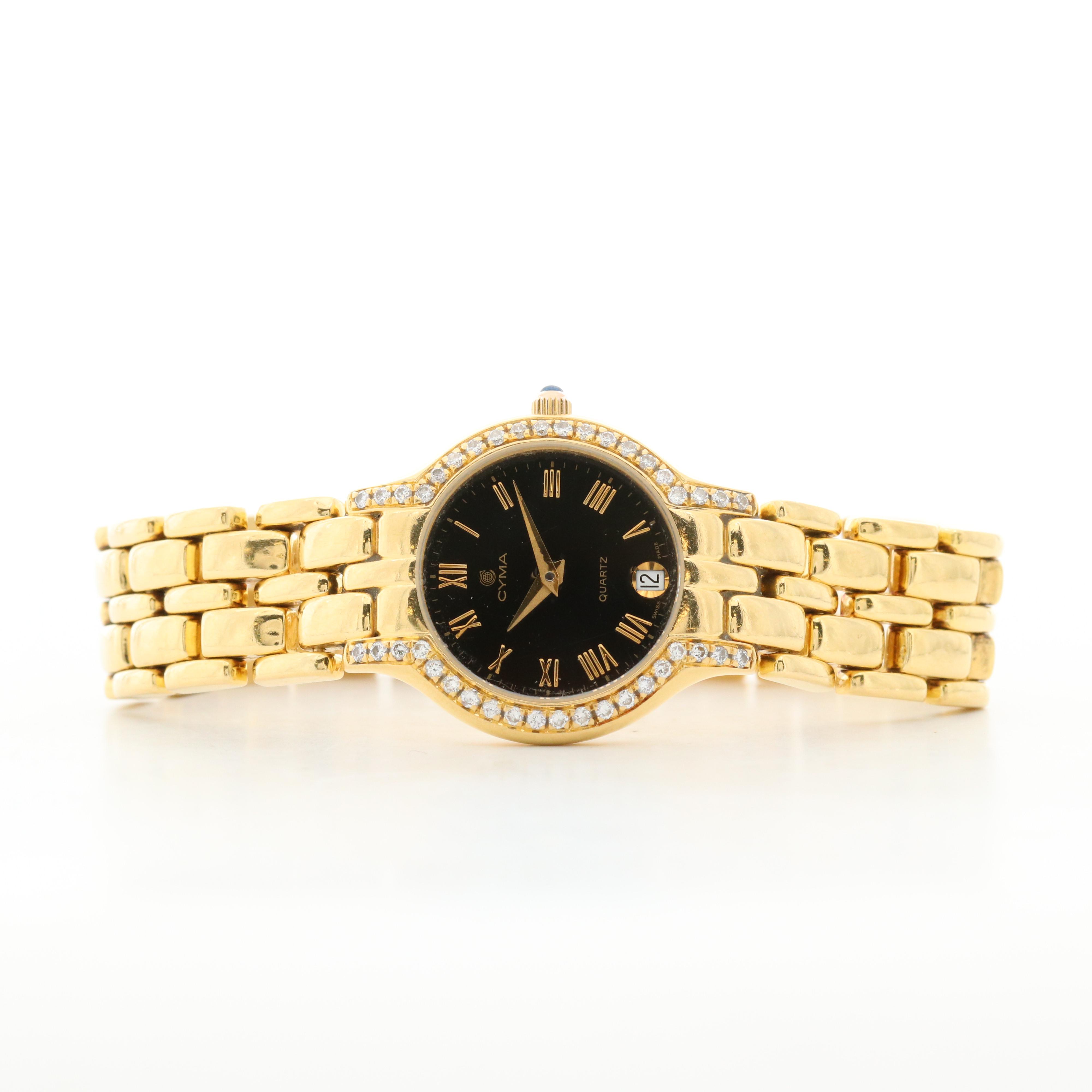 Cyma 18K Gold and Diamond Black Dial Watch With Date