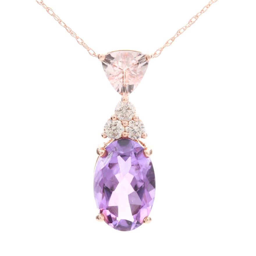 14K Rose Gold Morganite, Amethyst and Diamond Pendant Necklace