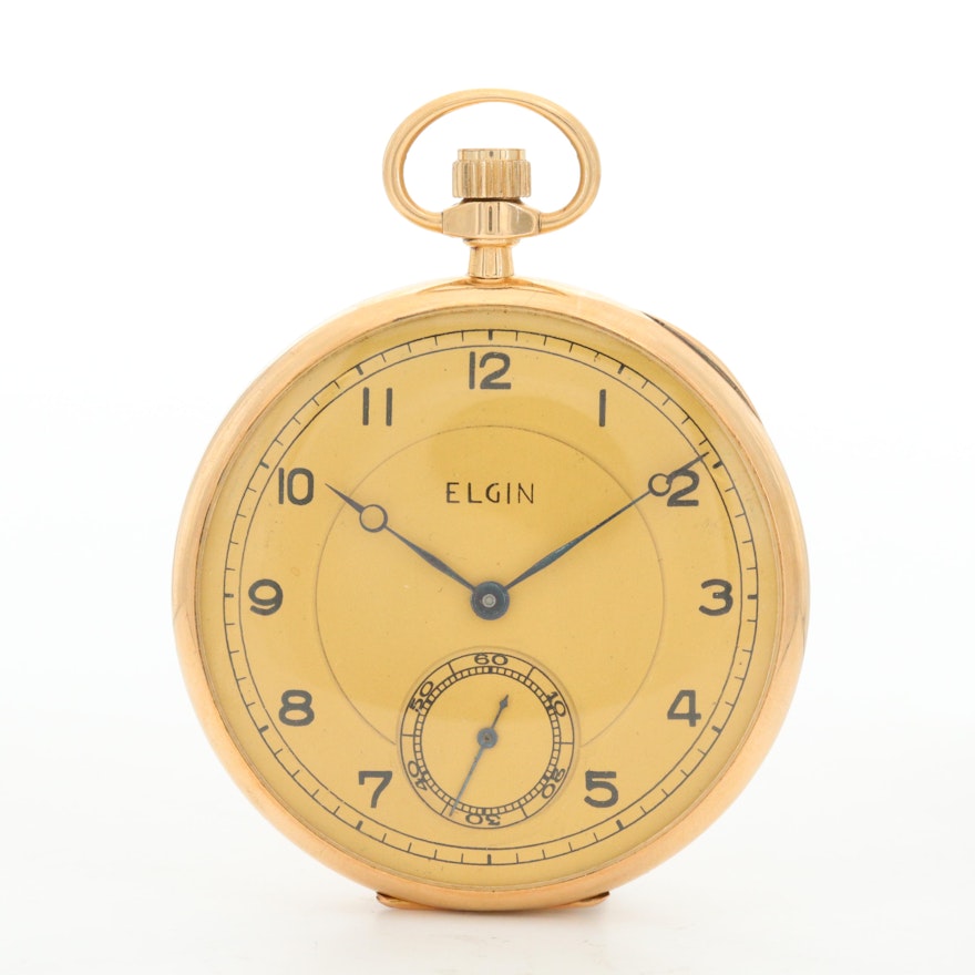 Antique 14K Gold Elgin Open Face Pocket Watch, 1917