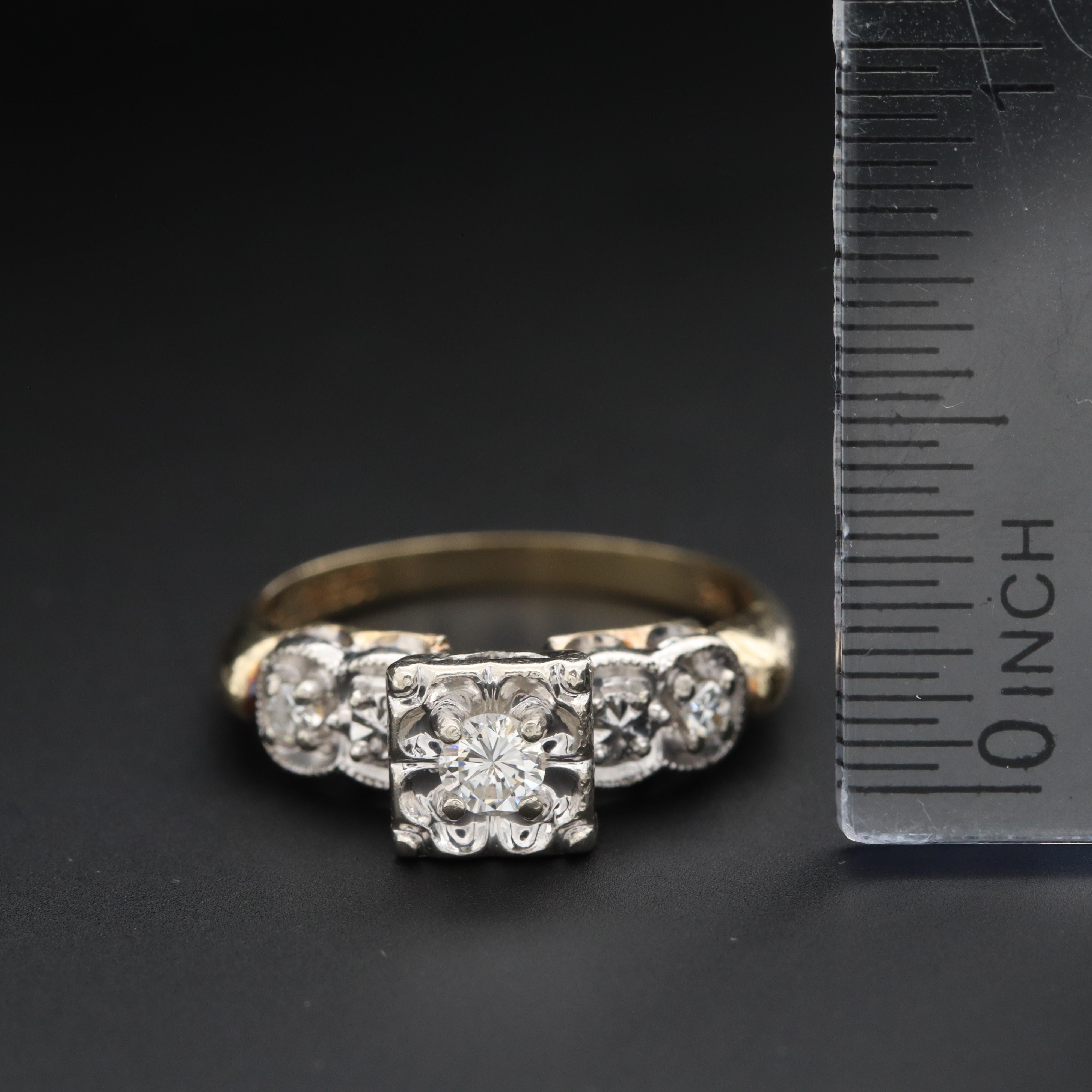 Vintage Bellcrest 14K Yellow Gold Diamond Ring with 14K White Gold Accents