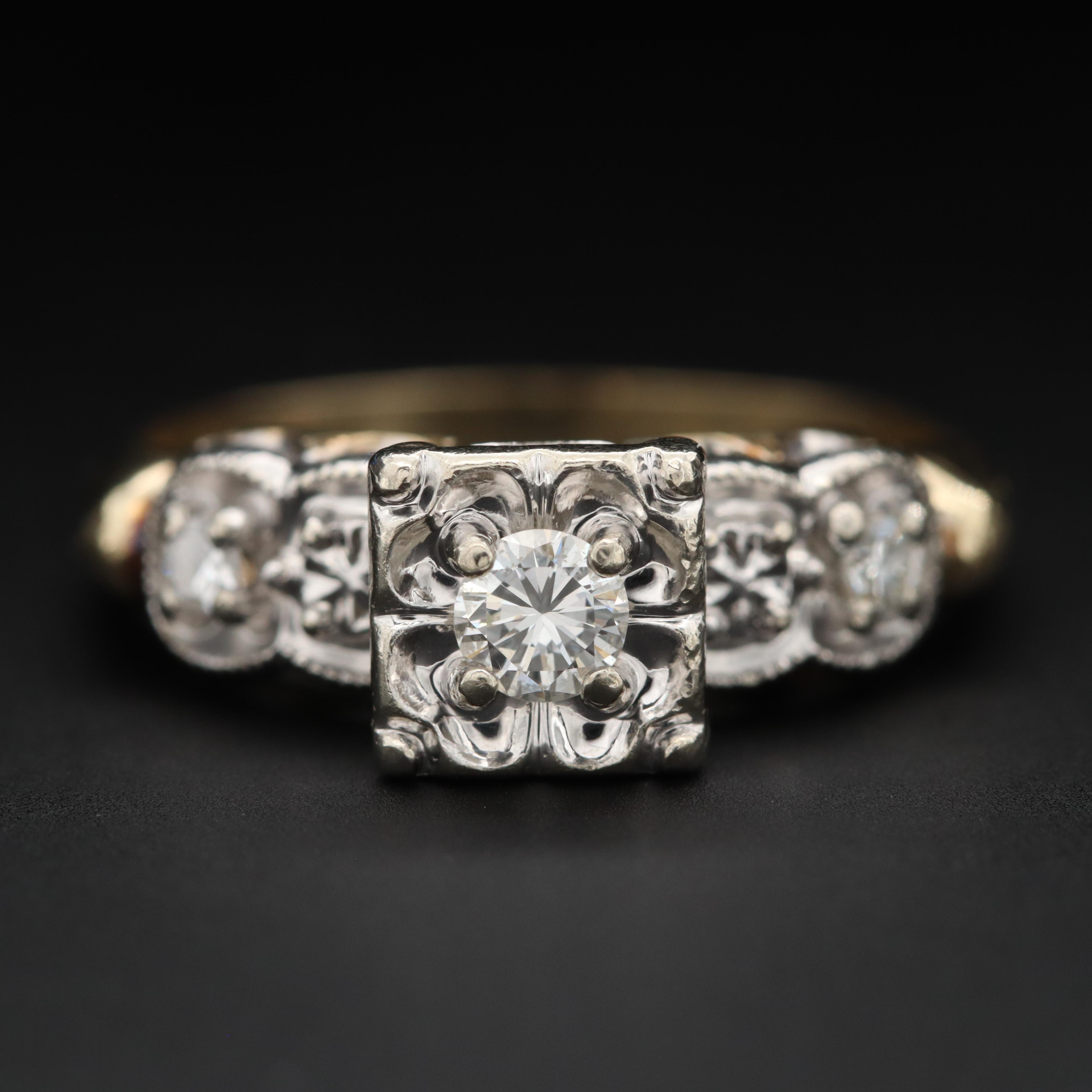 Vintage Bellcrest 14K Yellow Gold Diamond Ring with 14K White Gold Accents