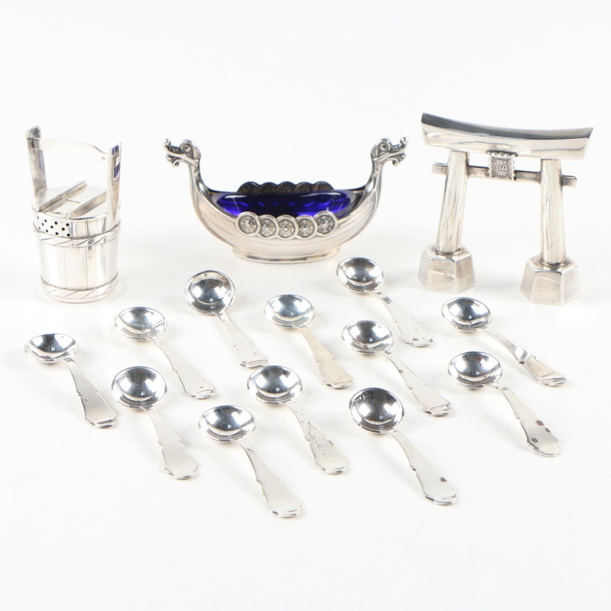 Sterling Silver Salt Cellar, Shakers and Salt Spoons