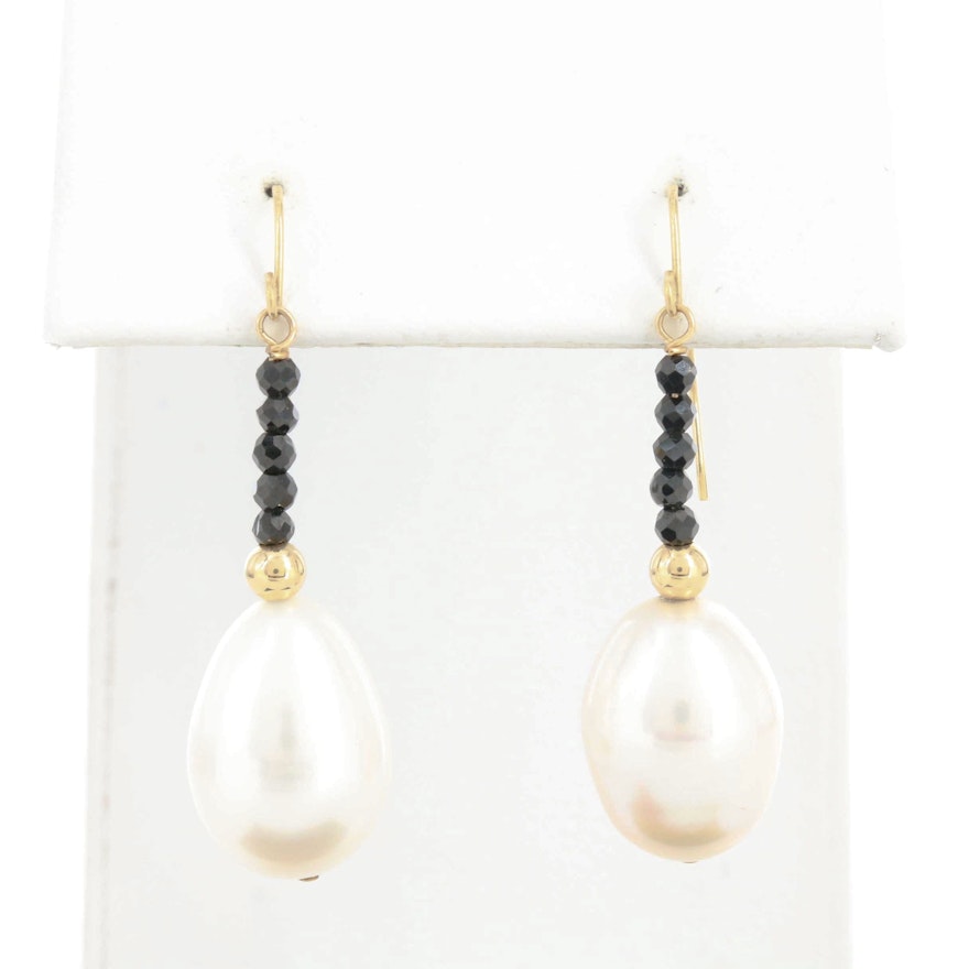 14K Yellow Gold Cultured Pearl and Black Onyx Earrings