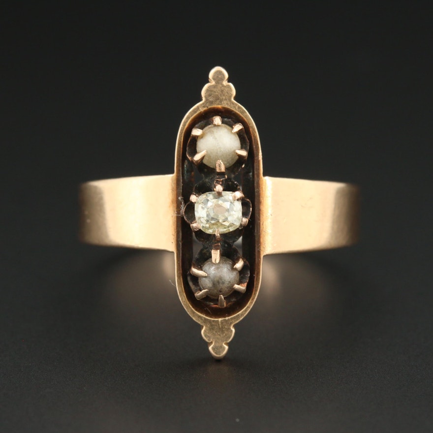 Victorian 14K Yellow Gold Diamond and Imitation Pearl Ring