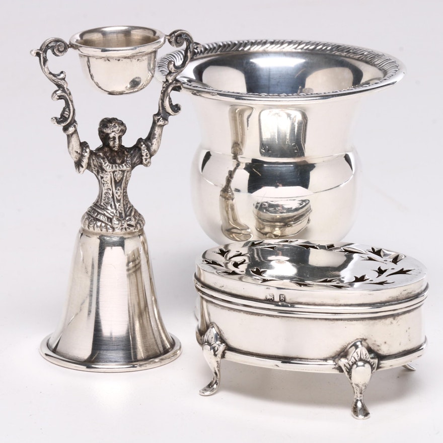 Sterling Silver Wedding Cup, Toothpick Holder and English Trinket Box