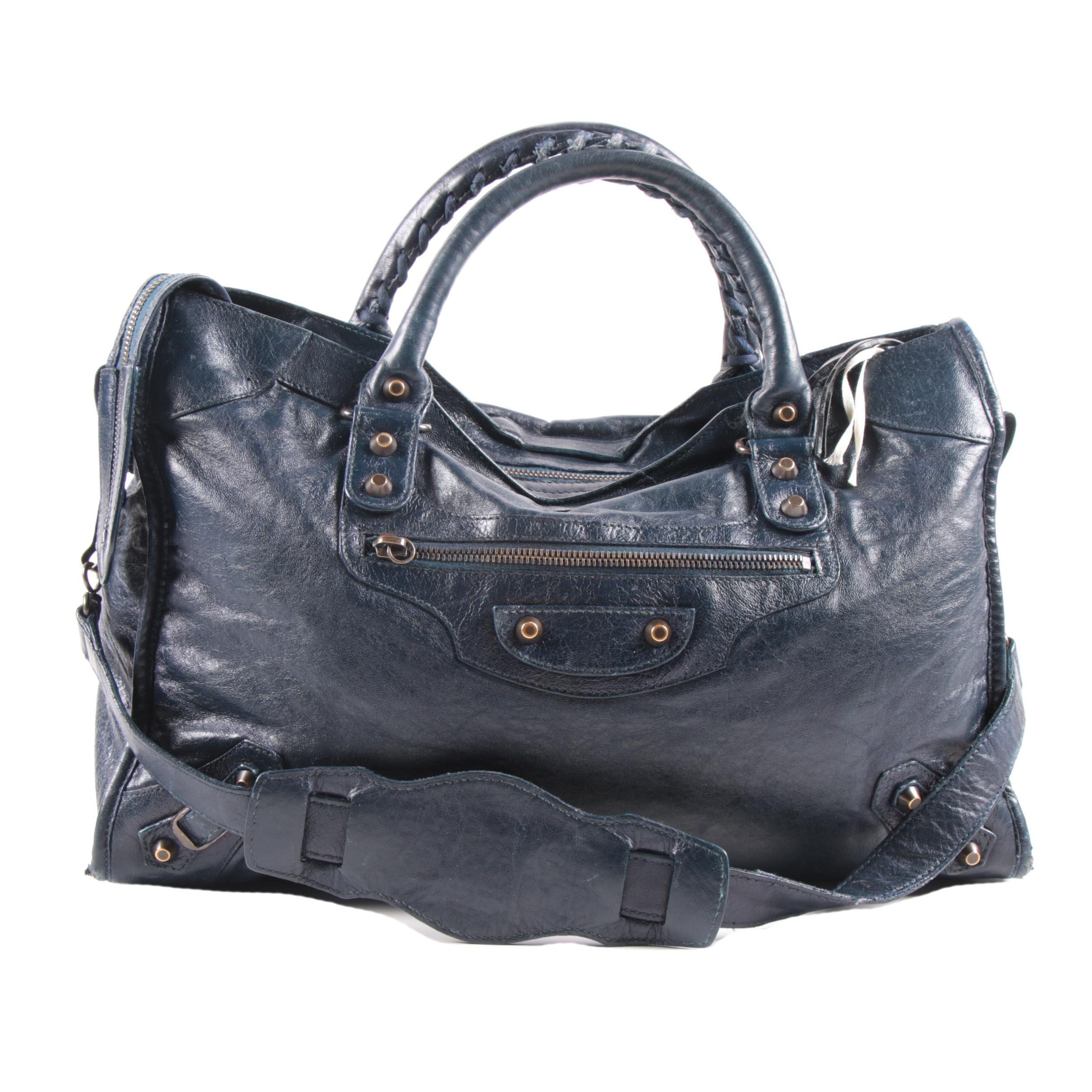 Balenciaga City Bag in Navy Blue Chevre Leather with Sterling Silver Plaque