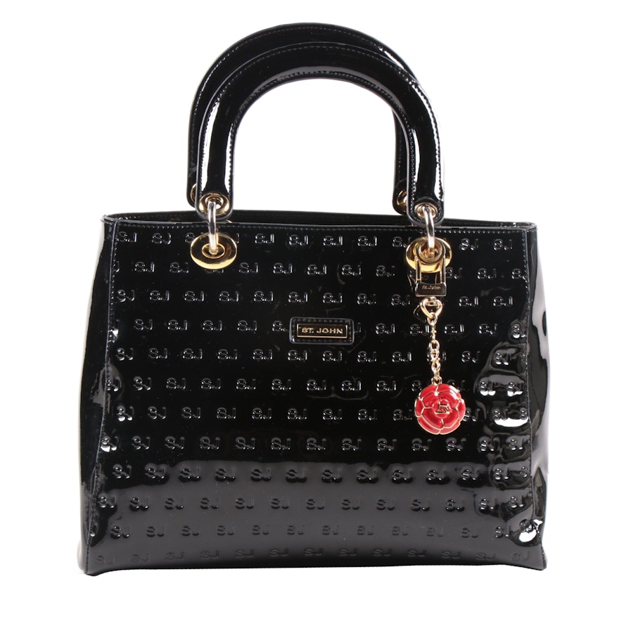 St. John Embossed Black Patent Leather Bag with Camellia Red Enamel Charm