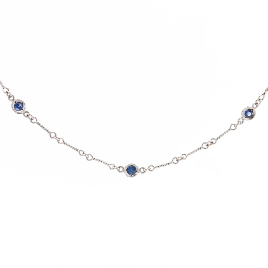 Roberto Coin "Dog Bone Chain" 18K White Gold Sapphire Station Necklace