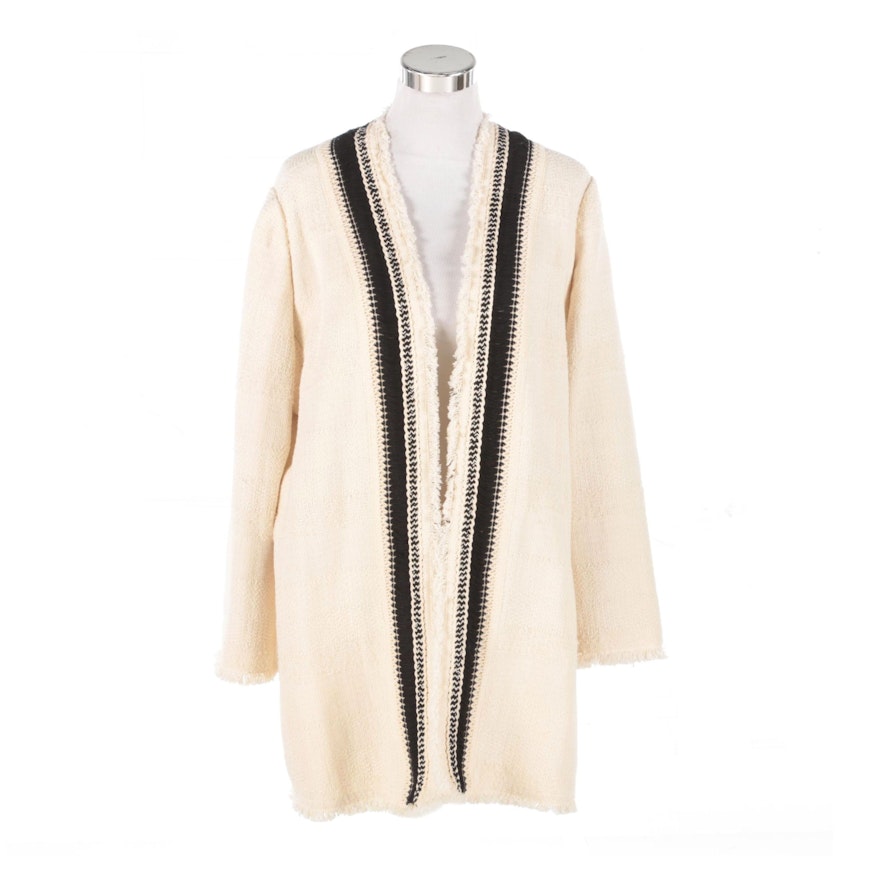 Chico's Fringed Woven Cotton Blend Jacket in Ivory with Black Contrast Trim