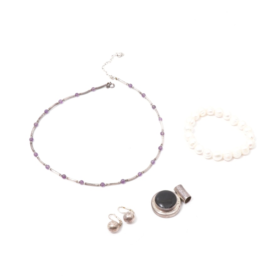 Sterling Silver Onyx, Amethyst and Cultured Freshwater Pearl Assorted Jewelry