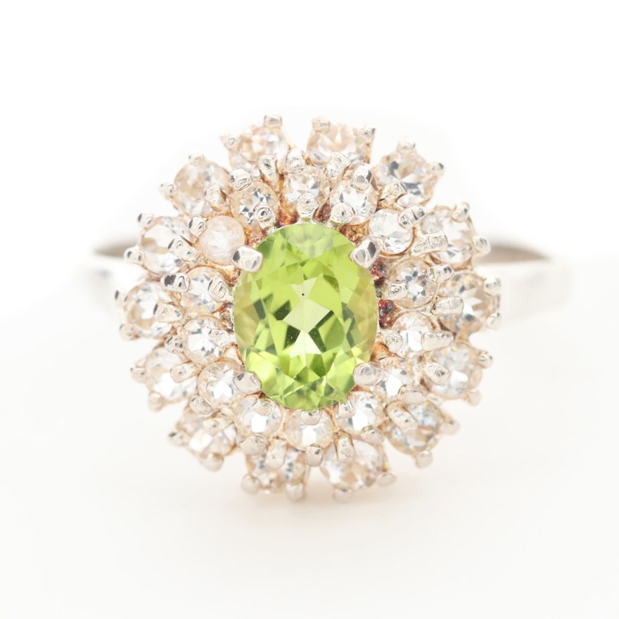 Sterling Silver Peridot and Topaz Double Halo Ring