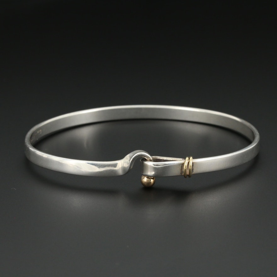Tiffany & Co Sterling "Hook & Eye" Bangle Bracelet 18K Accents with Pouch