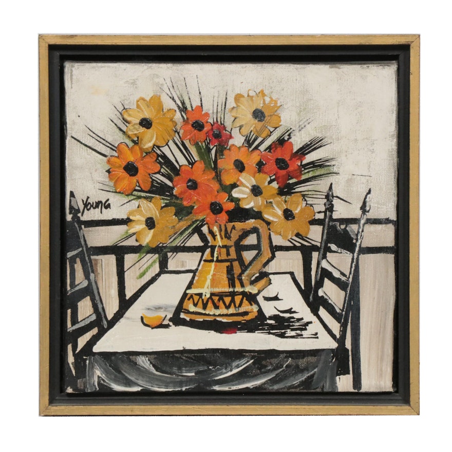 Modernist Floral Still Life Acrylic Painting, Signed "Young"