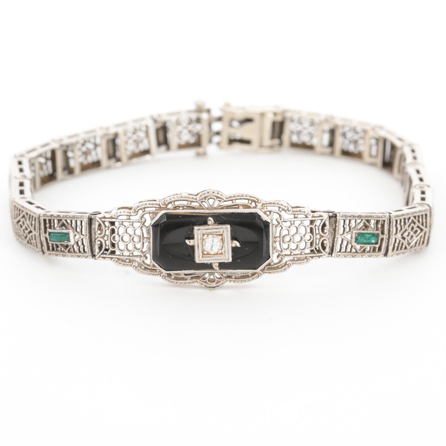 Art Deco 10K White Gold Diamond and Black Onyx Bracelet
