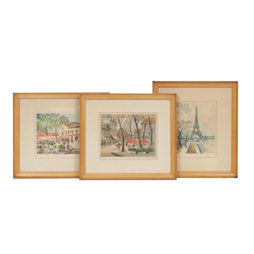 20th Century Parisian Scene Hand-Colored Etchings