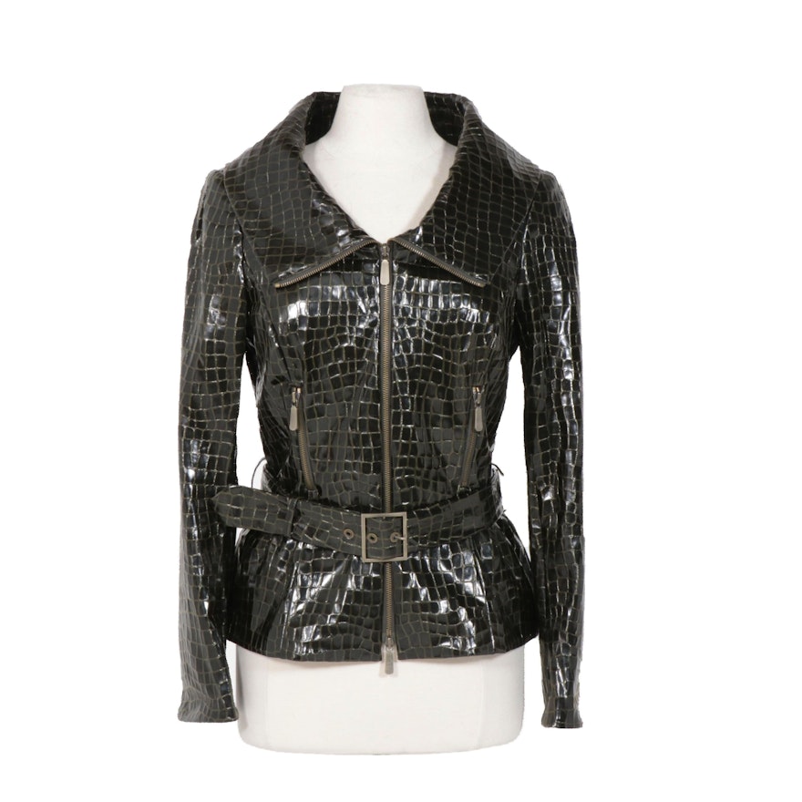 Worth Belted Motorcycle Jacket in Olive Green Croc Embossed Faux Patent Leather
