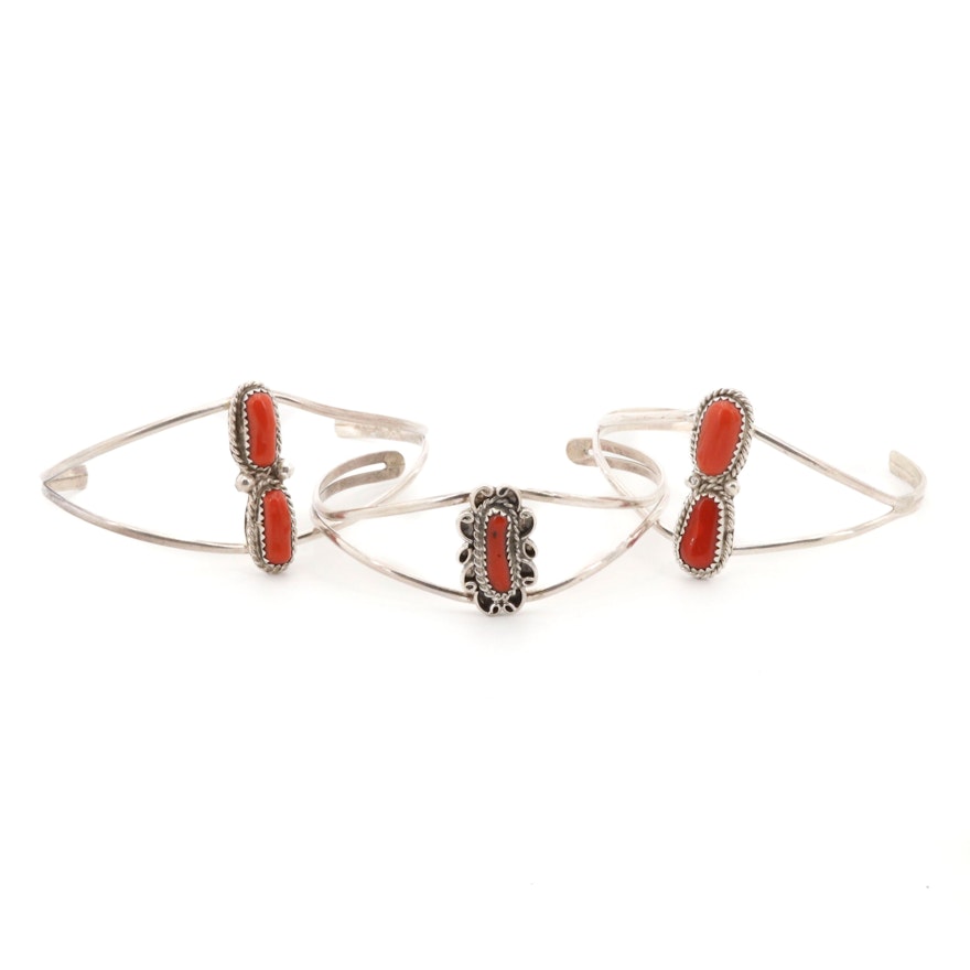Southwestern Style Sterling Silver Coral Cuff Bracelets