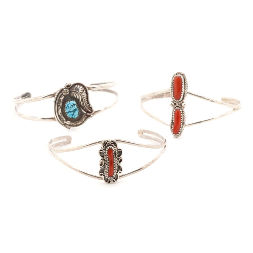 Sterling Silver Magnesite and Coral Cuffs