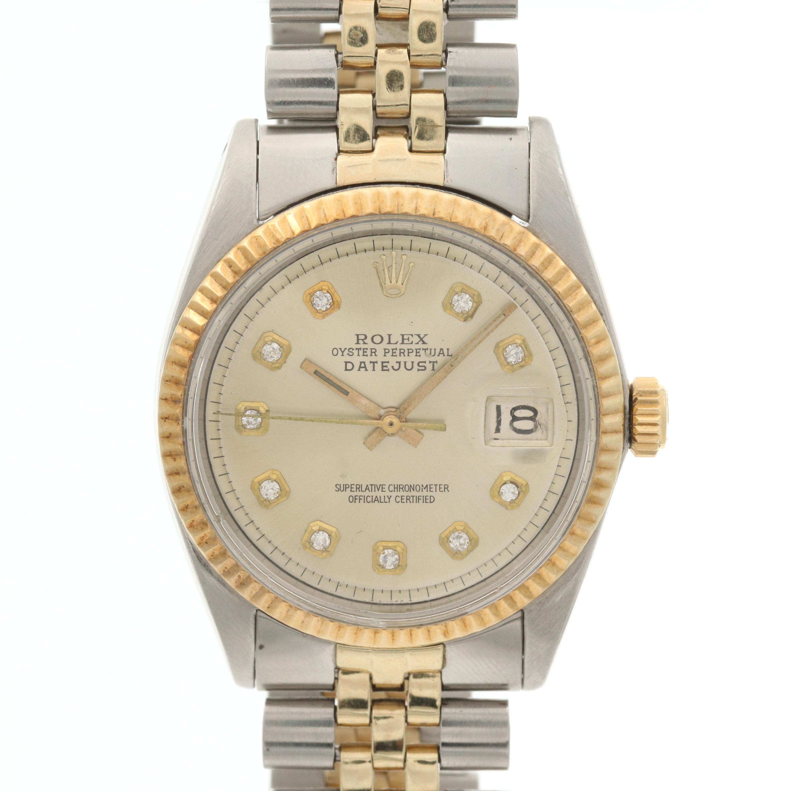 Rolex Datejust 14K Gold and Stainless Steel Watch With Diamond Pie Pan Dial