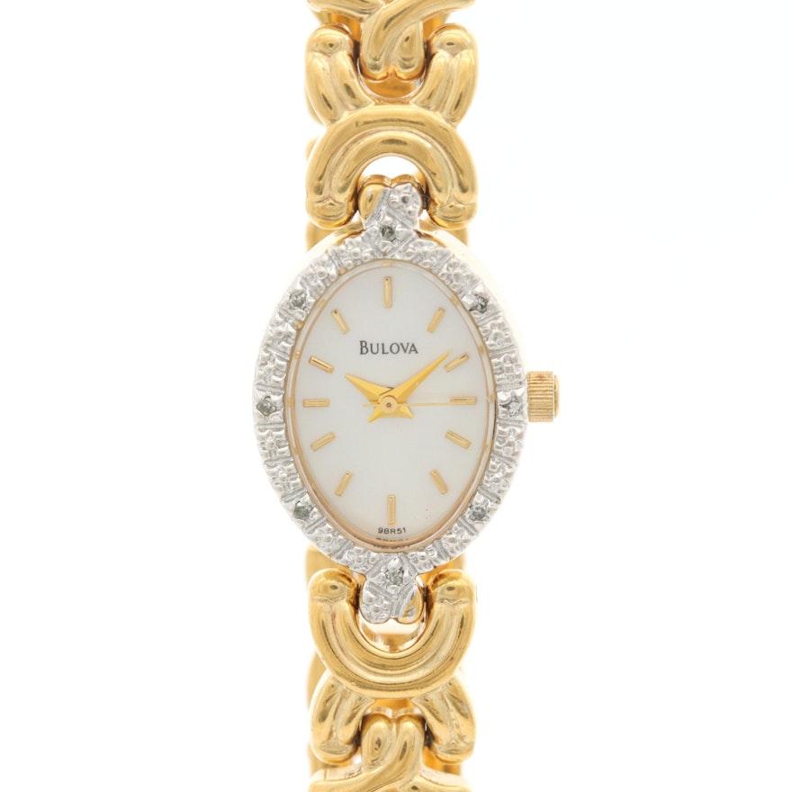 Bulova Yellow Tone Wristwatch With Diamond Bezel and Mother of Pearl Dial