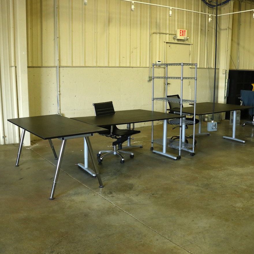 IKEA "Galant" Corner Desks, Office Chairs, and Metal Rack