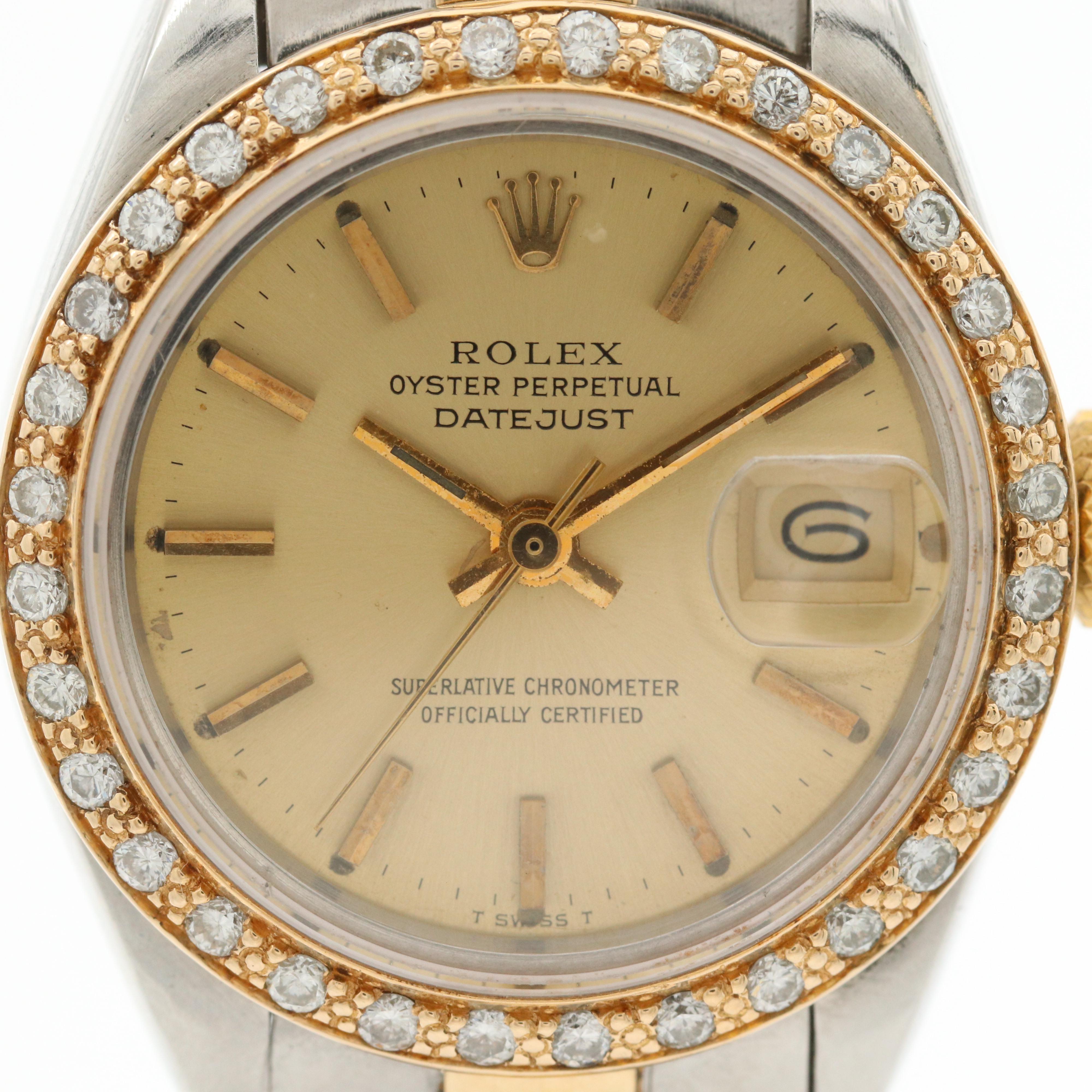 Rolex Datejust 18K Gold and Stainless Steel Watch With Diamond Bezel, 1980