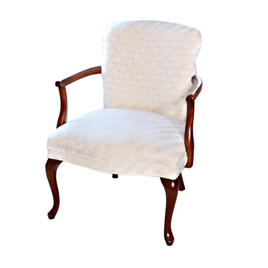 Queen Anne Style Cream Upholstered Armchair, Vintage