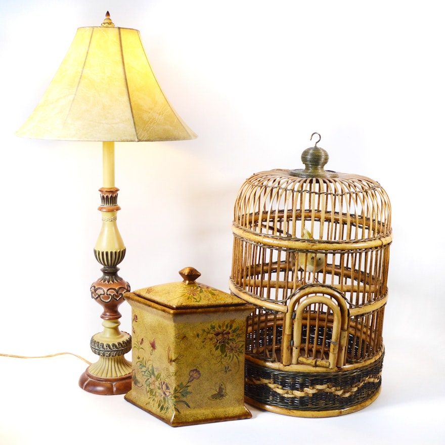 Resin Table Lamp with Birdcage Decor